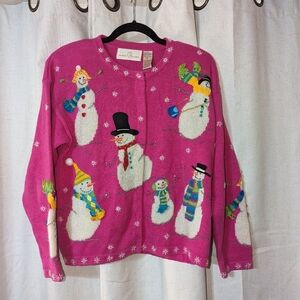 Vintage Pink Snowman Playful Embroidered Knit Button Down Cardigan Sweater